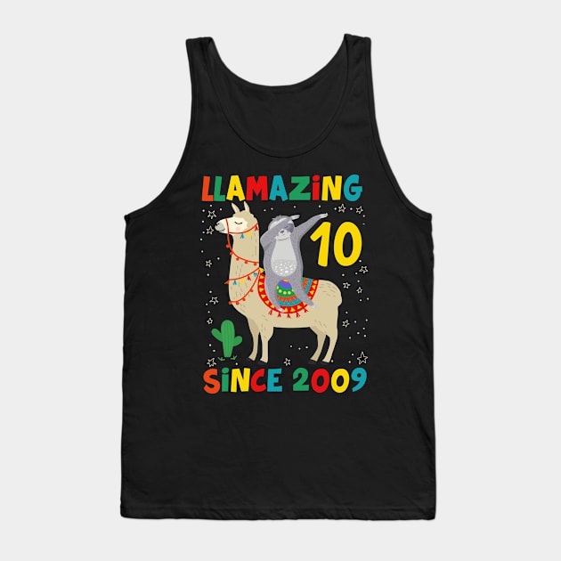 10 Years Old 10th Birthday Sloth Riding Llama Girls Tank Top by folidelarts